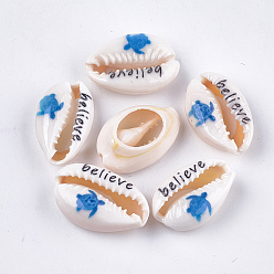 Dodger Blue Printed Cowrie Shell Beads, No Hole/Undrilled, Sea Turtle & Believe Pattern, Dodger Blue, 17~23x10.5~15x6~8mm