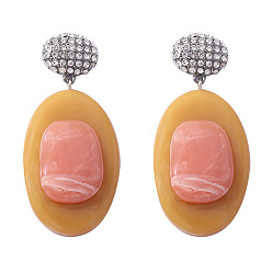 Platino Pendientes de botón de aleación y cristal con diamantes de imitación, oval, pendientes colgantes de resina para mujer, Platino, 71x33 mm