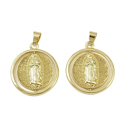 Настоящее золото 18K Латунные подвески, плоские круглые с Девой Марией, долговечный, без кадмия и без свинца, стойки покрытие, реальный 18 k позолоченный, 29x25.5x3.5 мм, отверстие : 3.4x5.4 мм