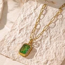 Green 304 Stainless Steel Glass Rectangle Pendant Paperclip Chain Necklaces for Women, Golden, Green, 16.54 inch(42cm)
