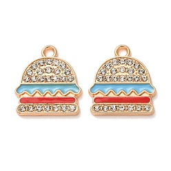 Blue Alloy Enamel Pendants, Hamburger Charms, with Rhinestone, Light Gold, Blue, 17.3x15.5x1.7mm, Hole: 1.8mm