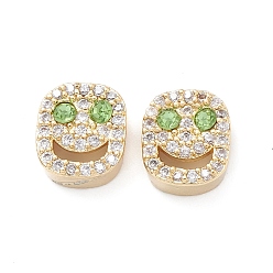 Light Green Brass Micro Pave Cubic Zirconia Beads, Lead Free & Cadmium Free, Long-Lasting Plated, Real 18K Gold Plated, Oval with Smiling Face, Light Green, 9x8x4mm, Hole: 1mm