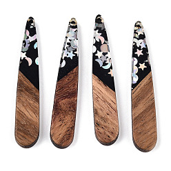 Серебро Подвески из непрозрачной смолы и ореха, Подвески-капли со звездами, пайетками в виде луны и солнца, серебряные, 44x7.5x3.5 мм, отверстие : 1.5 мм