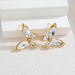 Золотой 304 Серьги-гвоздики из нержавеющей стали с инкрустацией кубическим цирконием для женщин, бабочка, золотые, 24x28 мм