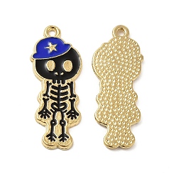 Blue Alloy Enamel Pendants, Skeleton with Hat Charm, Golden, Blue, 32.5x13x1.5mm, Hole: 1.6mm