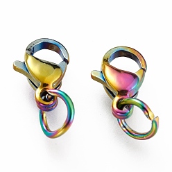Rainbow Color Ion Plating(IP) 304 Stainless Steel Lobster Claw Clasps, With Jump Ring, Rainbow Color, 9x5.5x3.5mm, Hole: 3mm, Jump Ring: 5x0.6mm