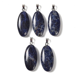 Sodalite Natural Sodalite Pendants, with 304 Stainless Steel Snap on Bails, Oval Charm, 44x20x8mm, Hole: 7x4mm