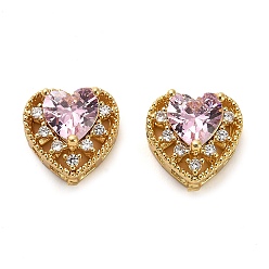 Pink Brass Micro Pave Cubic Zirconia Beads, Real 18K Gold Plated, Heart, Pink, 10x10.5x7mm, Hole: 2mm