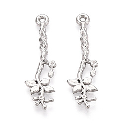 Нержавеющая Сталь Цвет 304 ветка из нержавеющей стали с подвесками в виде листьев, не тускнеет, цвет нержавеющей стали, 33.5x9x1.5 мм, отверстие : 1.4 мм