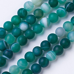 Teal Natural Grade A Striped Agate/Banded Agate Beads Strands, Dyed & Heated, Frosted, Round, Teal, 6mm, Hole: 1mm, about 62pcs/strand, 14.9 inch(38cm)