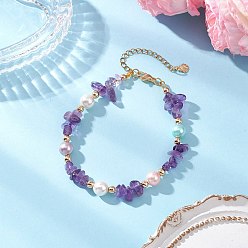 Аметист Браслеты из натурального аметиста с бусинами для женщин, с полированной ракушечной жемчужиной, 8~8-1/4 дюйм (20.3~20.9 см)