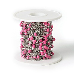 Ярко-Розовый 304 кабельные цепи из нержавеющей стали, спутниковые сети, с эмалью, пайки, с катушкой, Плоско-овальные, ярко-розовый, 2.4x2x0.4 мм, бусины : 4~5 мм, около 32.8 футов (10 м) / рулон