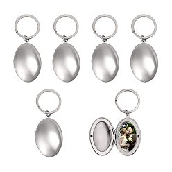 Stainless Steel Color 6Pcs 316 Stainless Steel Locket Pendant Keychain, Oval, with Iron Rings, Stainless Steel Color, 67mm