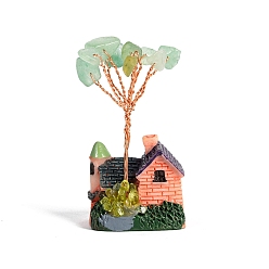 Зеленый Авантюрин Украшения дисплей смолы, энергетический камень рейки фэн-шуй украшение, с натуральным зеленым авантюрином и медной проволокой, дом, 29x20x50~55 мм