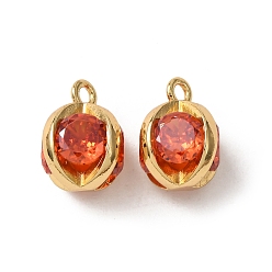 Оранжево-Красный Латунные микро проложить кубического циркония прелести, реальный 18 k позолоченный, круглые подвески, оранжево-красный, 11x9.5 мм, отверстие : 1.5 мм
