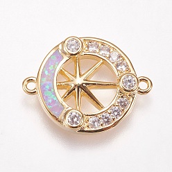 Lilac Brass Micro Pave Cubic Zirconia Links, with Synthetic Opal, Flat Round with Star, Golden, Lilac, 13.5x17.5x2.5mm, Hole: 1mm