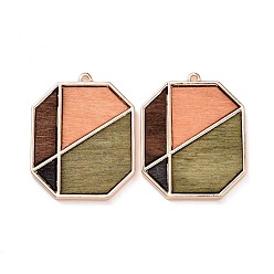 Colorful Dyed Wood Pendants, with Light Gold Plated Alloy Findings, Octagon with Geometric Pattern, Colorful, 38.5x30x3mm, Hole: 1.8mm