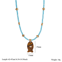 Тигровый глаз Ожерелья с подвеской в виде рыбы из натурального тигрового глаза с микропаве из кубического циркония, с 304 бусинами из нержавеющей стали и стекла, золотые, 16.54~18.50 дюйм (42~47 см)