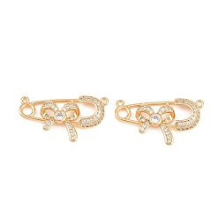 Real 18K Gold Plated Brass Pave Clear Cubic Zirconia Pendants, Safety Pin with Bowknot Charms, Real 18K Gold Plated, 16.5x30x4mm, Hole: 1.3mm