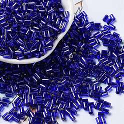 Blue Baking Paint Glass Round Bugle Beads, Silver Lined, Tube, Blue, 3.5~3.8x2~2.5mm, Hole: 1.2mm