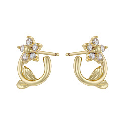 Прозрачный Серьги-гвоздики из латуни с кубическим цирконием ко Дню святого Валентина, цветок, золотые, прозрачные, 13.5x12 мм