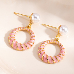 Pink 304 Круглые серьги-гвоздики из нержавеющей стали с эмалью, с пластиковой жемчужины, золотые, розовые, 38x18 мм