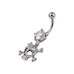 Crystal Piercing Jewelry Real Platinum Plated Brass Rhinestone Pirate Style Skull Navel Ring Belly Rings, Crystal, 40x15mm, Bar Length: 3/8"(10mm), Bar: 14 Gauge(1.6mm)