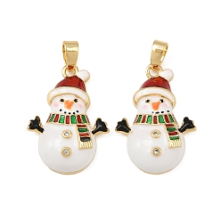 Снеговик Рождественские латунные эмалевые подвески с микропаве из кубических цирконий, стойки покрытие, без кадмия и без свинца, долговечный, золотые, снеговик, 21x15x4 мм, отверстие : 4x2 мм