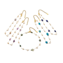 Смешанные камни Ножной браслет из натуральных драгоценных камней и жемчуга, позолоченные украшения из нержавеющей стали для женщин, 9.65~9.92 дюйм (245~252 мм)