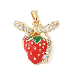 Настоящее золото 18K Латунные микропроволочные кубические циркониевые подвески из эмали, без кадмия, без никеля и без свинца, клубника, реальный 18 k позолоченный, 18.5x19x7 мм, отверстие : 3.5x3 мм