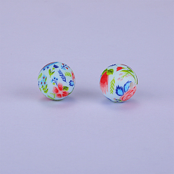 Light Cyan Printed Round with Flower Pattern Silicone Focal Beads, Light Cyan, 15x15mm, Hole: 2mm