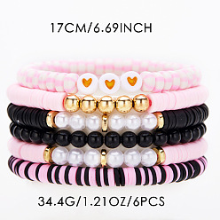 Бледно-Розовый 6 Набор эластичных браслетов для женщин с узором в виде сердечек из полимерной глины, пластиковых бусин и жемчуга, а также пластиковых бусин CCB., розовый жемчуг, внутренний диаметр: 2.56~5.12 дюйм (6.5~13 см)