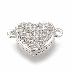 Platinum Brass Micro Pave Cubic Zirconia Links, Heart, Clear, Platinum, 10x16x4mm, Hole: 1mm