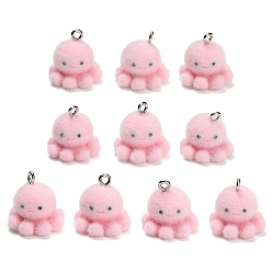 Pink Флокированные подвески из непрозрачной смолы, очарование осьминога, с железной платиной петлей, розовые, 16.5-18x17.5-18 мм, отверстие : 2-2.2 мм
