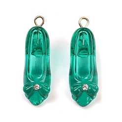 Зеленый Подвески из прозрачной смолы со стразами, туфли на высоких каблуках, с золотой железной петлей, зелёные, 27.5x8.5x11 мм, отверстие : 1.8 мм