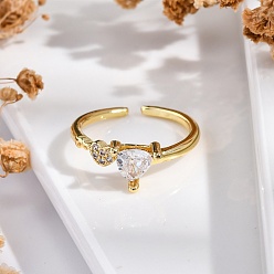 Настоящее золото 18K Кольца-манжеты для пальцев с покрытием из латуни с микропаве из прозрачного кубического циркония для женщин, долговечный, сердце, реальный 18 k позолоченный, 11x6.5 мм, регулируемый