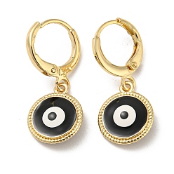 Black Golden Brass Dangle Leverback Earrings, with Enamel, Evil Eye, Black, 26.5x11mm