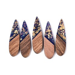 Темно-Синий Подвески из непрозрачной смолы и орехового дерева, слезинки, с блестящей пудрой и золотой фольгой, темно-синий, 52~53x13.5x3 мм, отверстие : 1.8 мм