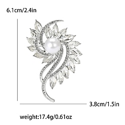 Platine Broches en strass en alliage, avec une perle d'imitation en plastique, platine, 61x38mm