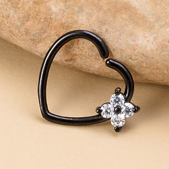 Черный 316l хирургические кольца для носа из нержавеющей стали с микропрорезью из прозрачного кубического циркония, хрящевые серьги, цветочное сердце, чёрные, внутренний диаметр: 8 мм, штифты : 0.8 мм