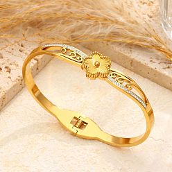 Настоящее золото 18K 304 женские шарнирные браслеты из нержавеющей стали, цветок, реальный 18 k позолоченный, внутренний диаметр: 1.97x2.36 дюйм (5x6 см)