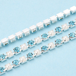 Небесно-голубой Железо горный хрусталь чашка цепи, с абс пластмассовой имитационной жемчужиной, с катушкой, серебряные, голубой, 2.5x2x2 мм, Около 10 ярдов / рулон