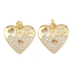 Настоящее золото 18K Подвески из латуни с микропаве ко Дню матери и кубическим цирконием, с целью перехода в кольце, сердце со словами мама прелести, без свинца и без кадмия, долговечный, стойки покрытие, реальный 18 k позолоченный, 20x19.5x2.8 мм, отверстие : 3.2 мм