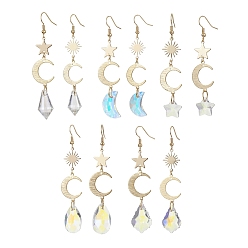 Mixed Shapes Асимметричные серьги из латуни Moon & Star & Sun, стеклянные длинные серьги с подвесками, разнообразные, 70~81x16.5 мм