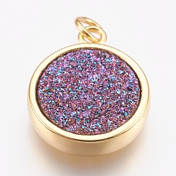 Purple Brass Charms, with Druzy Resin Cabochon, Flat Round, Golden, Purple, 14x11.5x3mm, Hole: 2mm