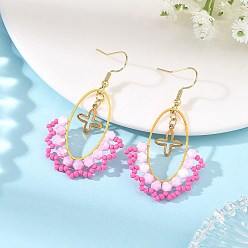 Pink Oval Brass & 304 Stainless Steel Dangle Earrings, Cross, Glass Beads Dangle Earrings for Women, Golden, Pink, 53x31.5mm