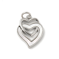 Платина Подвески из латуни с натуральными белыми ракушками, подвески-сердечки с кольцами-прыгунами, долговечный, без свинца и без кадмия, стойки покрытие, платина, 17x13x3 мм, отверстие : 3 мм