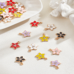 Gemischte Farbe 24Stück 6Farben Blumen Legierung Emaille Anhänger, mit Strass, Licht Gold, Gemischte Farbe, 13.5x12.5x2.5 mm, Bohrung: 1.4 mm, 4 Stk. je Farbe
