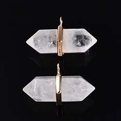 Хрусталь Подвески с двойным наконечником из натурального кварца, подвески из горного хрусталя в форме пули с огранкой и фурнитурой из сплава, золотые, 20~21x34.5~36x17~18 мм, отверстие : 3 мм