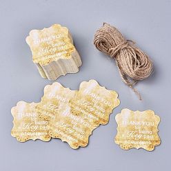 Gold Floral Pattern Paper Gift Tags, Hang Tags, with Jute Twine, Square with Word Thank You for Being a Key Part of Our Lives, Gold, 5x5x0.05cm, Hole: 4mm, 50pcs/set